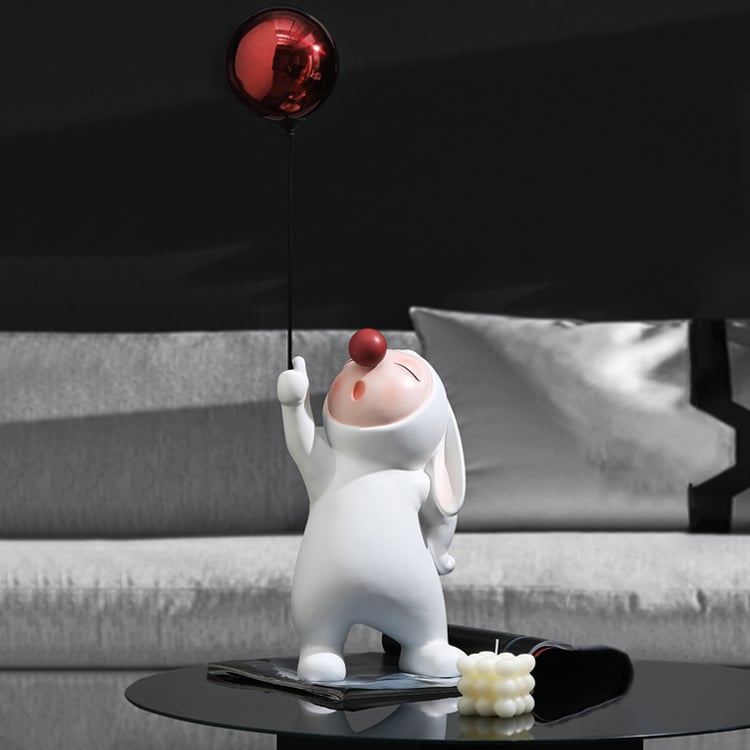 HMR - Modern Resin Rabbit Balloon Decorative Object White & Red Home Desk Figurine Decor Art