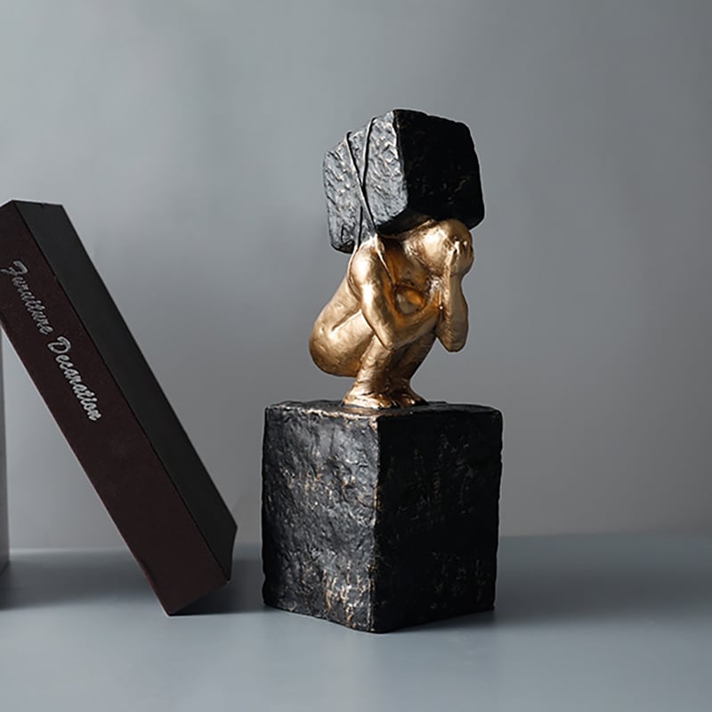 HMR - Black & Gold Resin Thinker with Heavy Stone Sculpture Figure Person Statue Ornament Art
