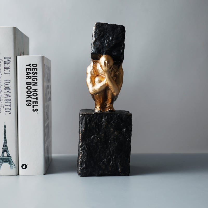 HMR - Black & Gold Resin Thinker with Heavy Stone Sculpture Figure Person Statue Ornament Art