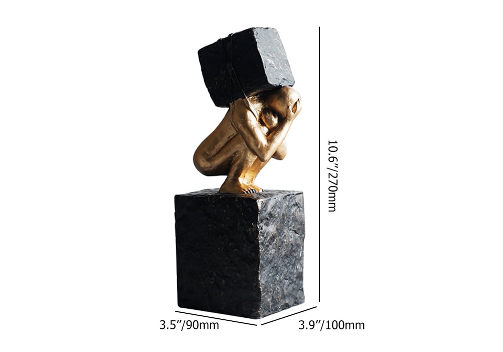 HMR - Black & Gold Resin Thinker with Heavy Stone Sculpture Figure Person Statue Ornament Art