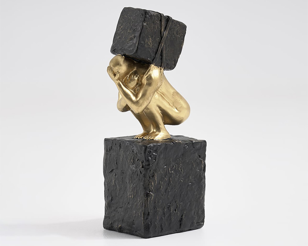 HMR - Black & Gold Resin Thinker with Heavy Stone Sculpture Figure Person Statue Ornament Art