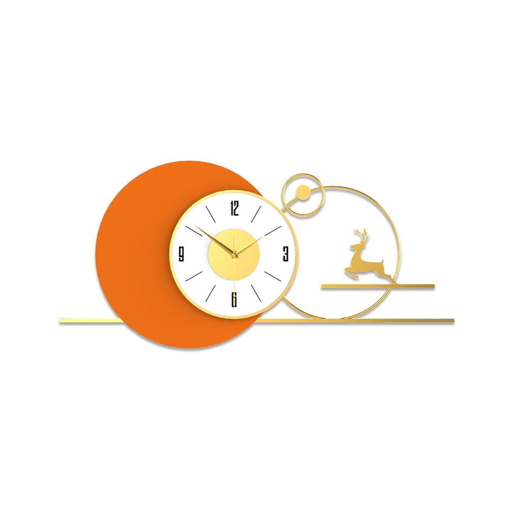 HMR - White & Orange Large Round Metal Wall Clock with Gold Pointer Modern Home Deer Decor Art