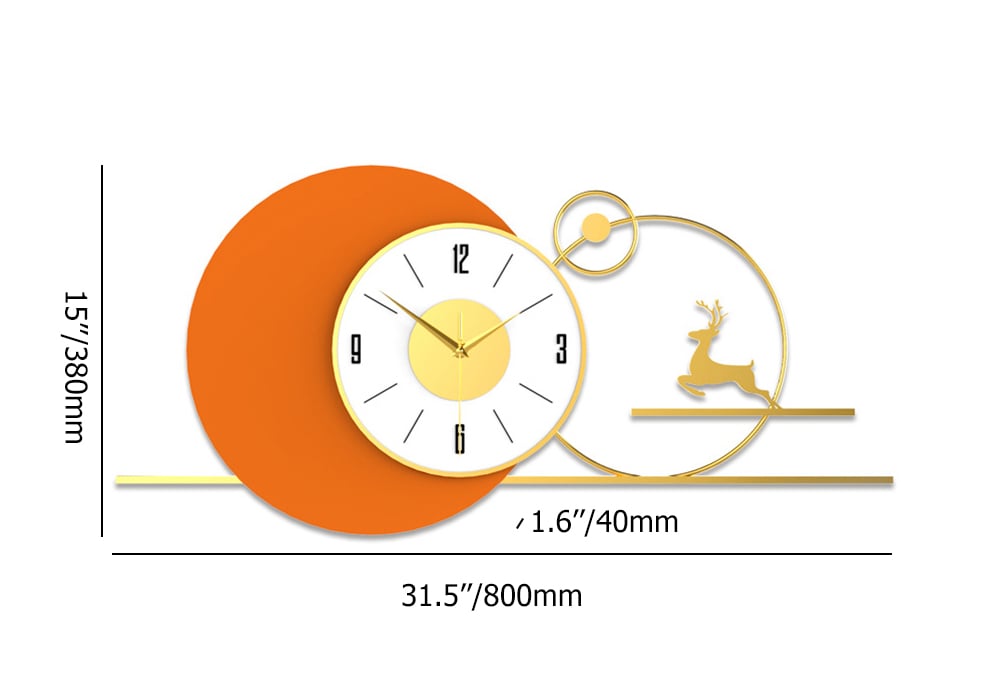 HMR - White & Orange Large Round Metal Wall Clock with Gold Pointer Modern Home Deer Decor Art