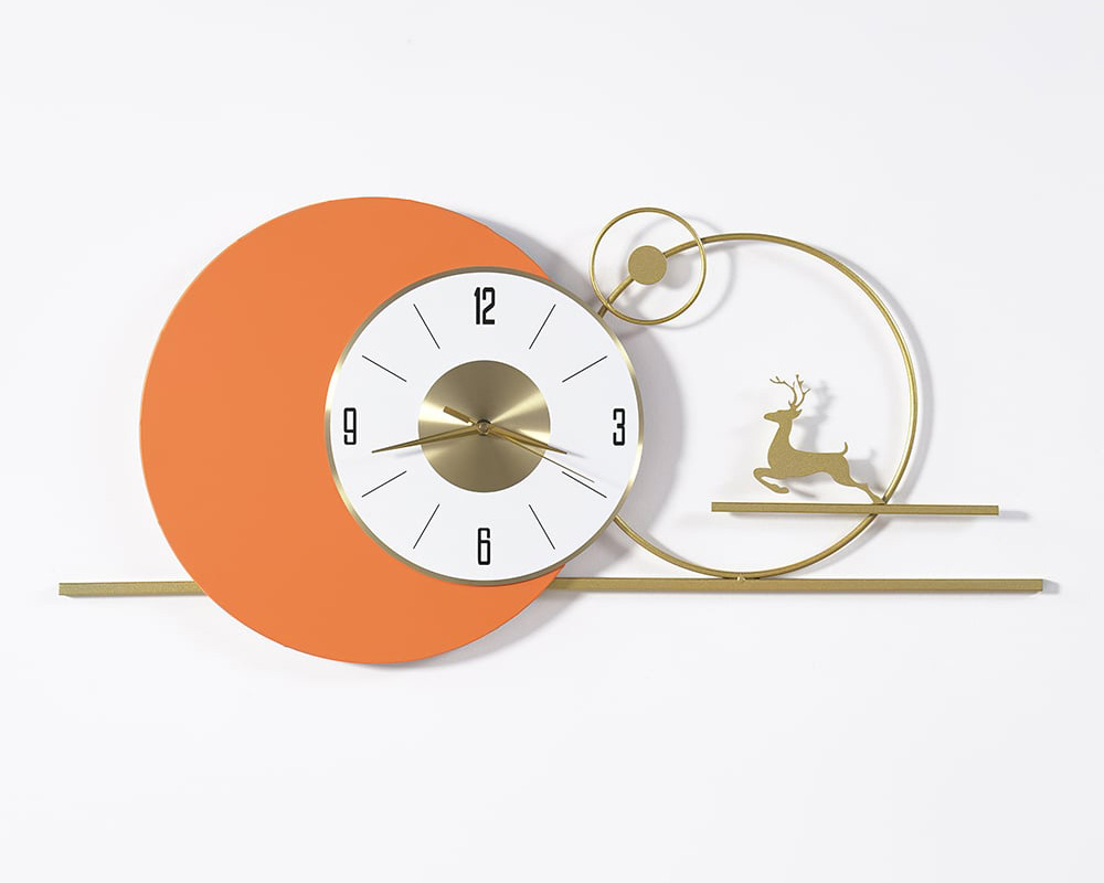 HMR - White & Orange Large Round Metal Wall Clock with Gold Pointer Modern Home Deer Decor Art