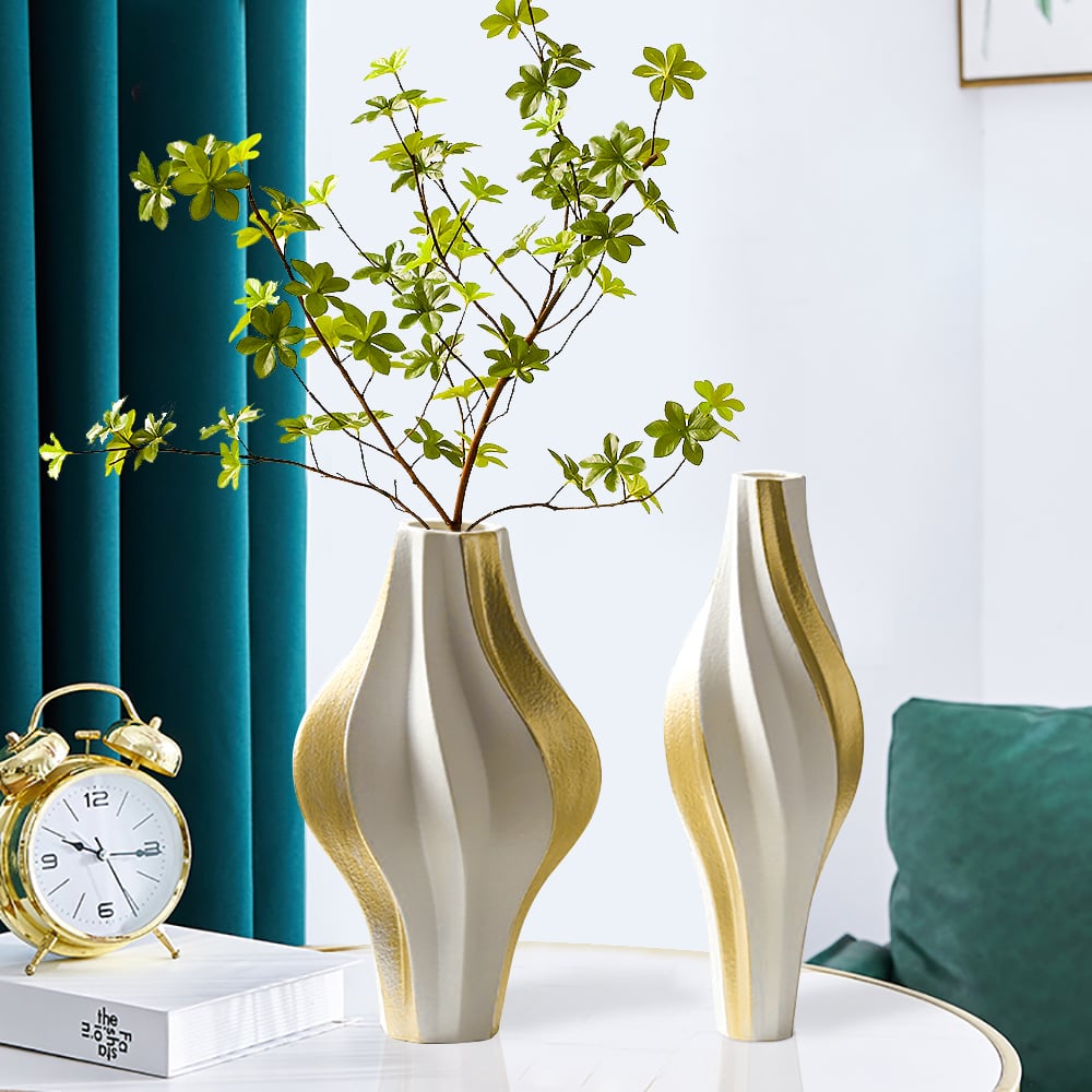 HMR - 2 Pieces Modern Resin Curved Lines Flower Vase Set Sculpture Decor Art in White & Gold