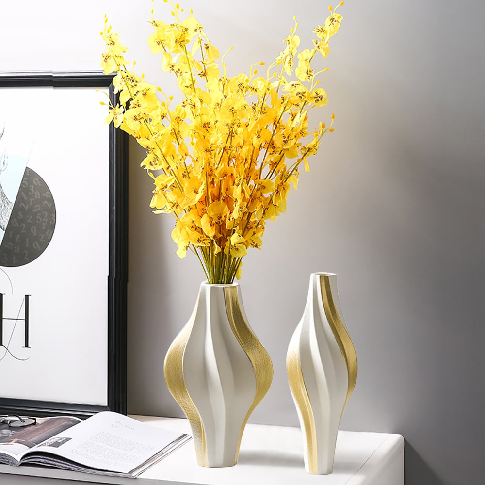 HMR - 2 Pieces Modern Resin Curved Lines Flower Vase Set Sculpture Decor Art in White & Gold