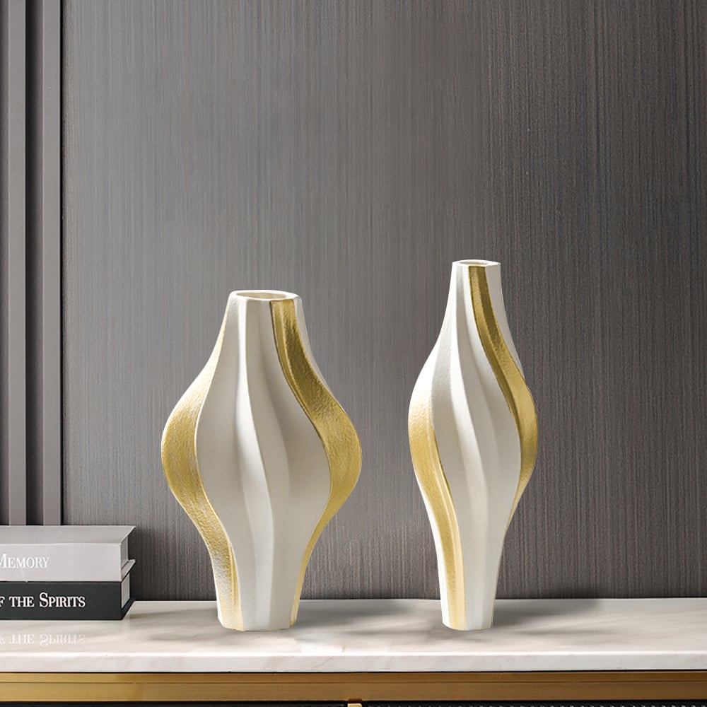 HMR - 2 Pieces Modern Resin Curved Lines Flower Vase Set Sculpture Decor Art in White & Gold