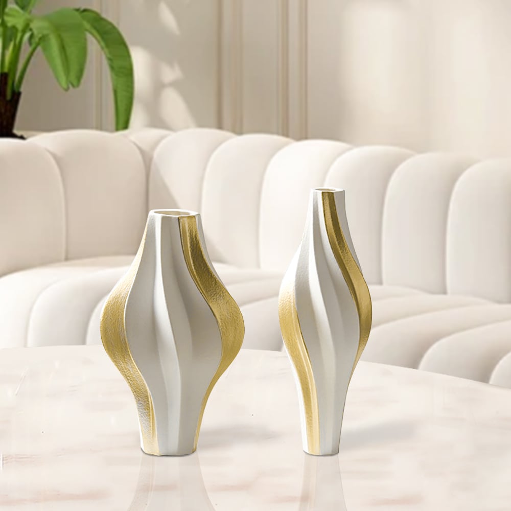 HMR - 2 Pieces Modern Resin Curved Lines Flower Vase Set Sculpture Decor Art in White & Gold