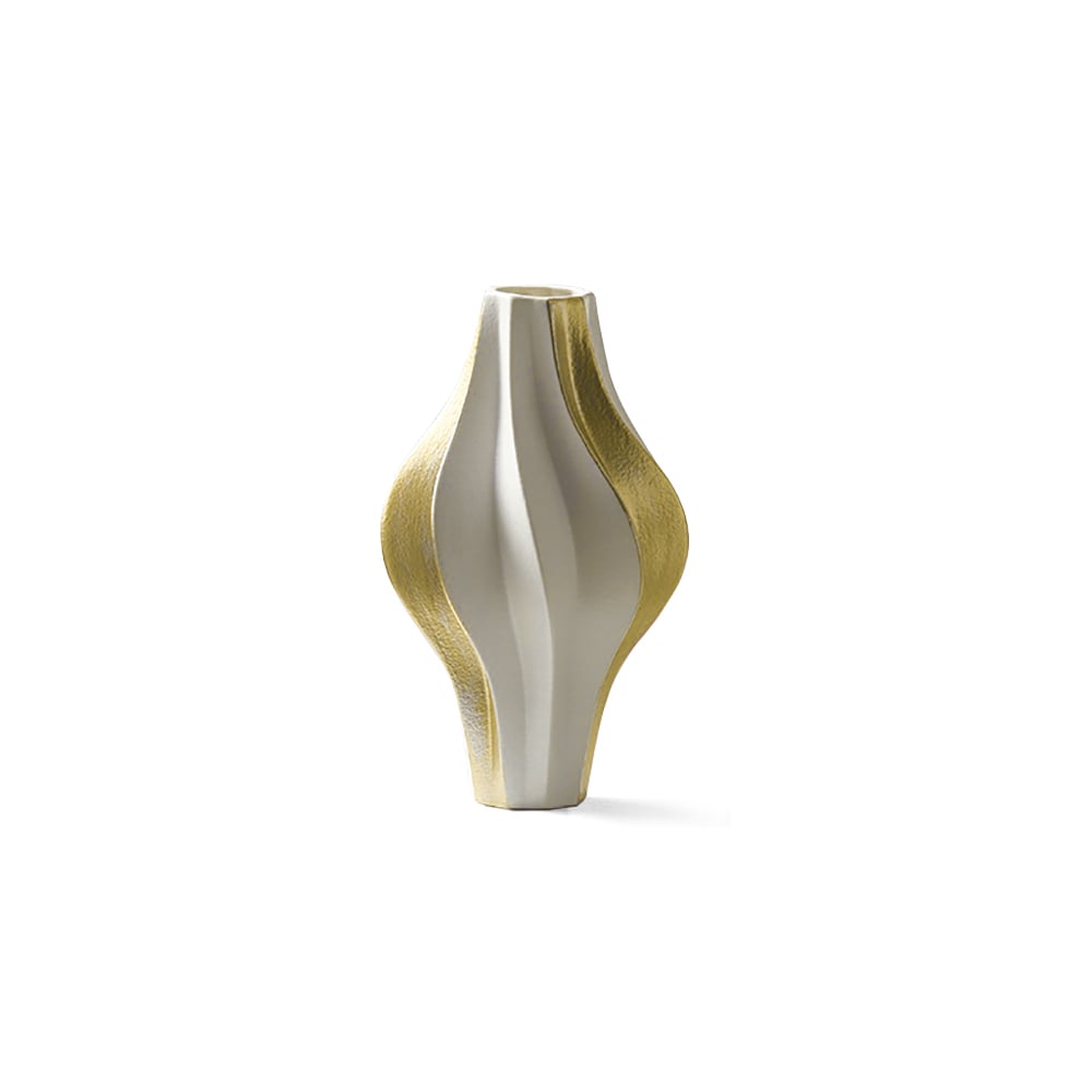 HMR - 2 Pieces Modern Resin Curved Lines Flower Vase Set Sculpture Decor Art in White & Gold