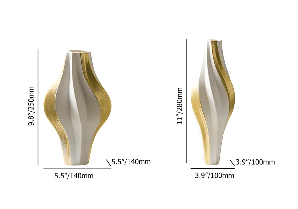 HMR - 2 Pieces Modern Resin Curved Lines Flower Vase Set Sculpture Decor Art in White & Gold