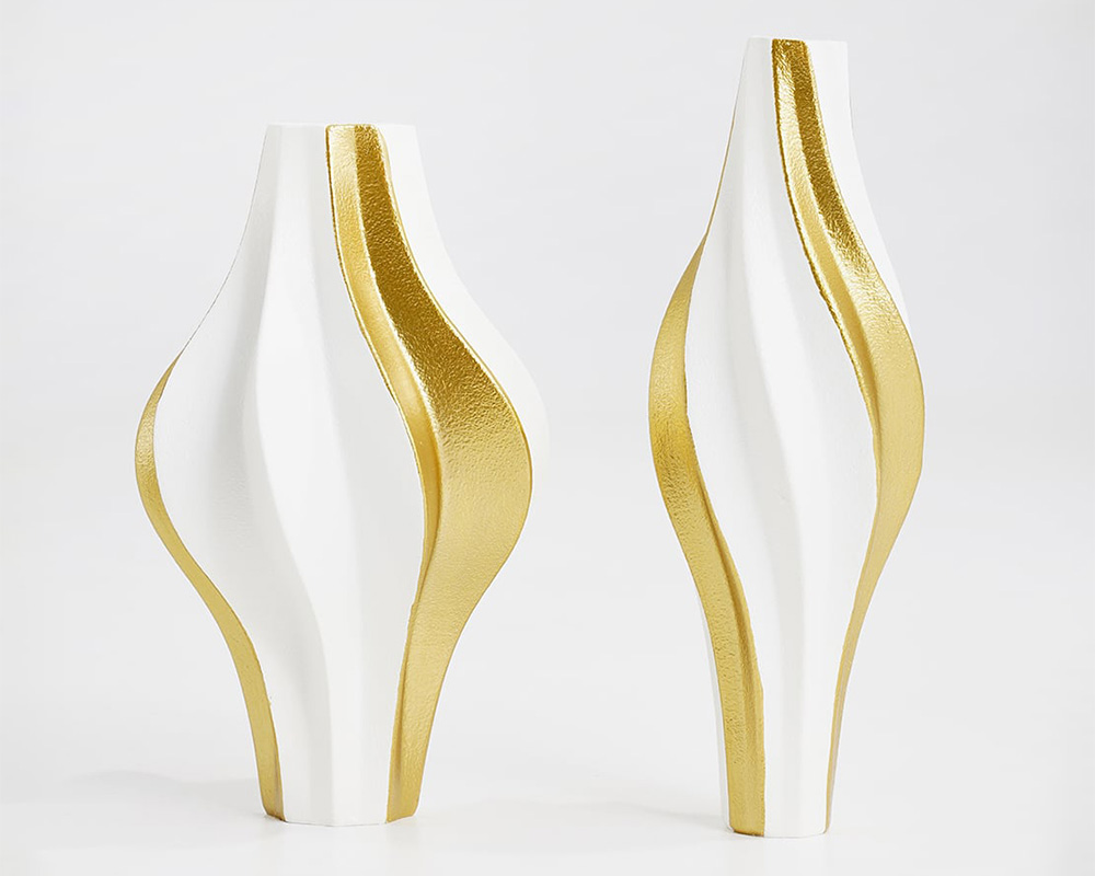 HMR - 2 Pieces Modern Resin Curved Lines Flower Vase Set Sculpture Decor Art in White & Gold