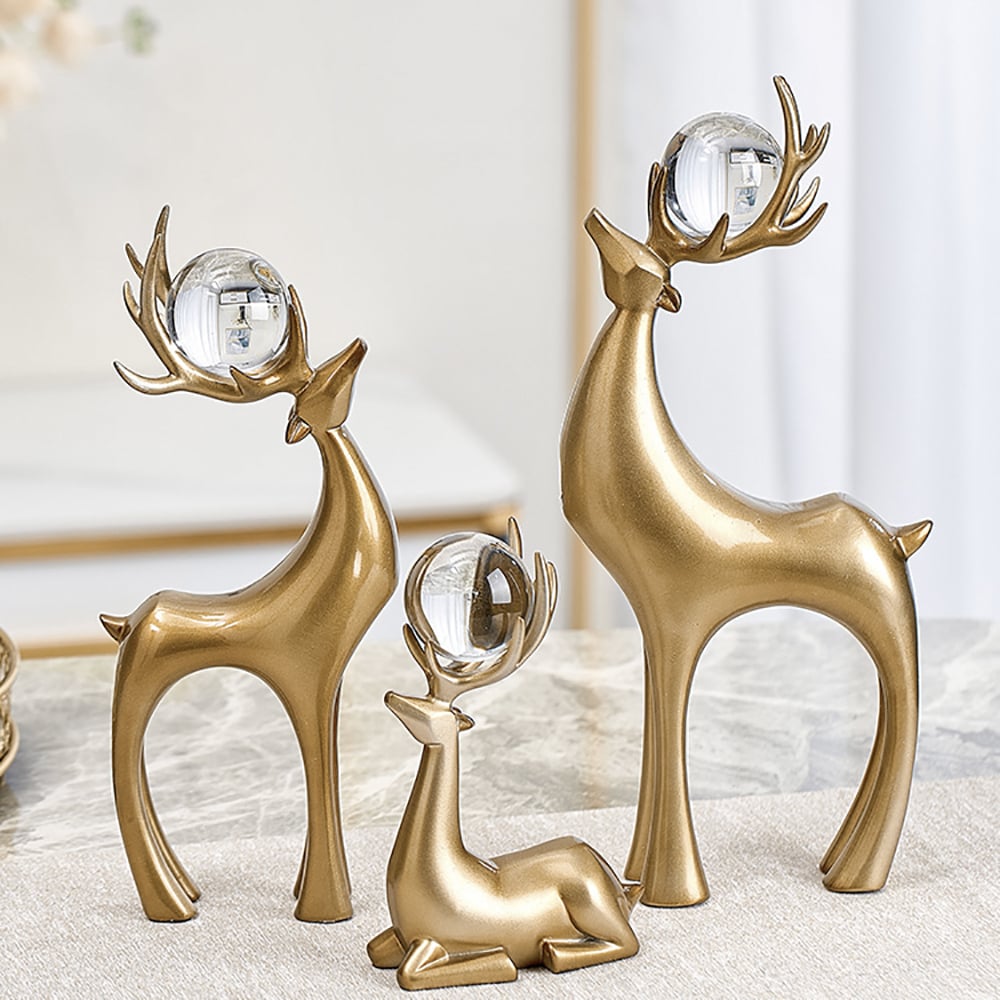 HMR - 3 Pieces Gold Resin Reindeer Sculpture Chrismas Deer Decor Art Ornament Living Room