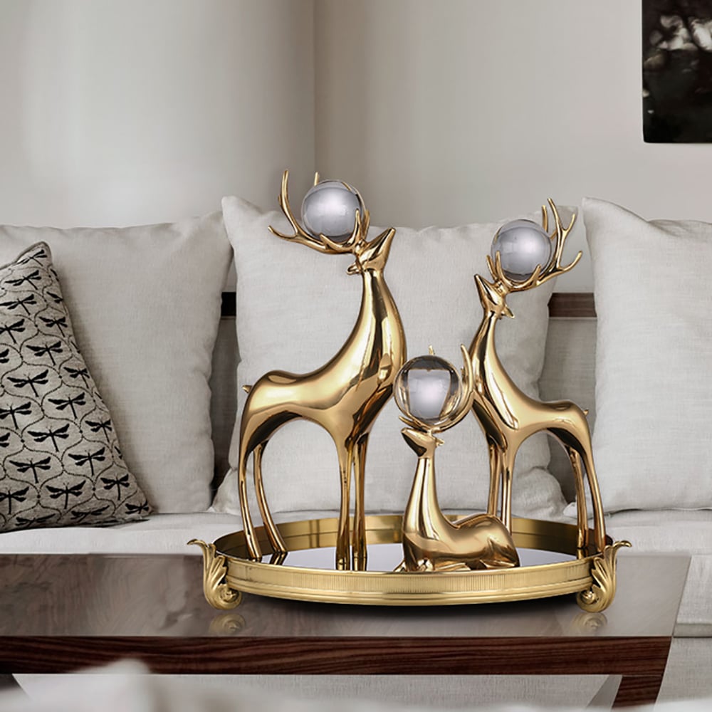 HMR - 3 Pieces Gold Resin Reindeer Sculpture Chrismas Deer Decor Art Ornament Living Room