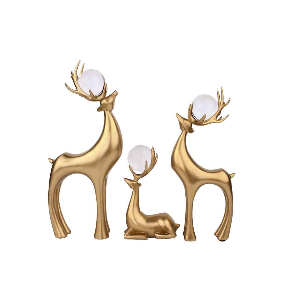 HMR - 3 Pieces Gold Resin Reindeer Sculpture Chrismas Deer Decor Art Ornament Living Room