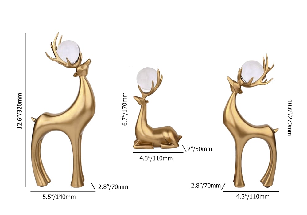 HMR - 3 Pieces Gold Resin Reindeer Sculpture Chrismas Deer Decor Art Ornament Living Room