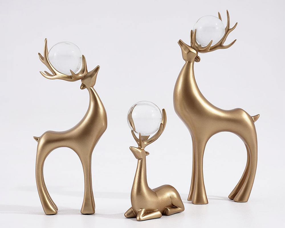 HMR - 3 Pieces Gold Resin Reindeer Sculpture Chrismas Deer Decor Art Ornament Living Room