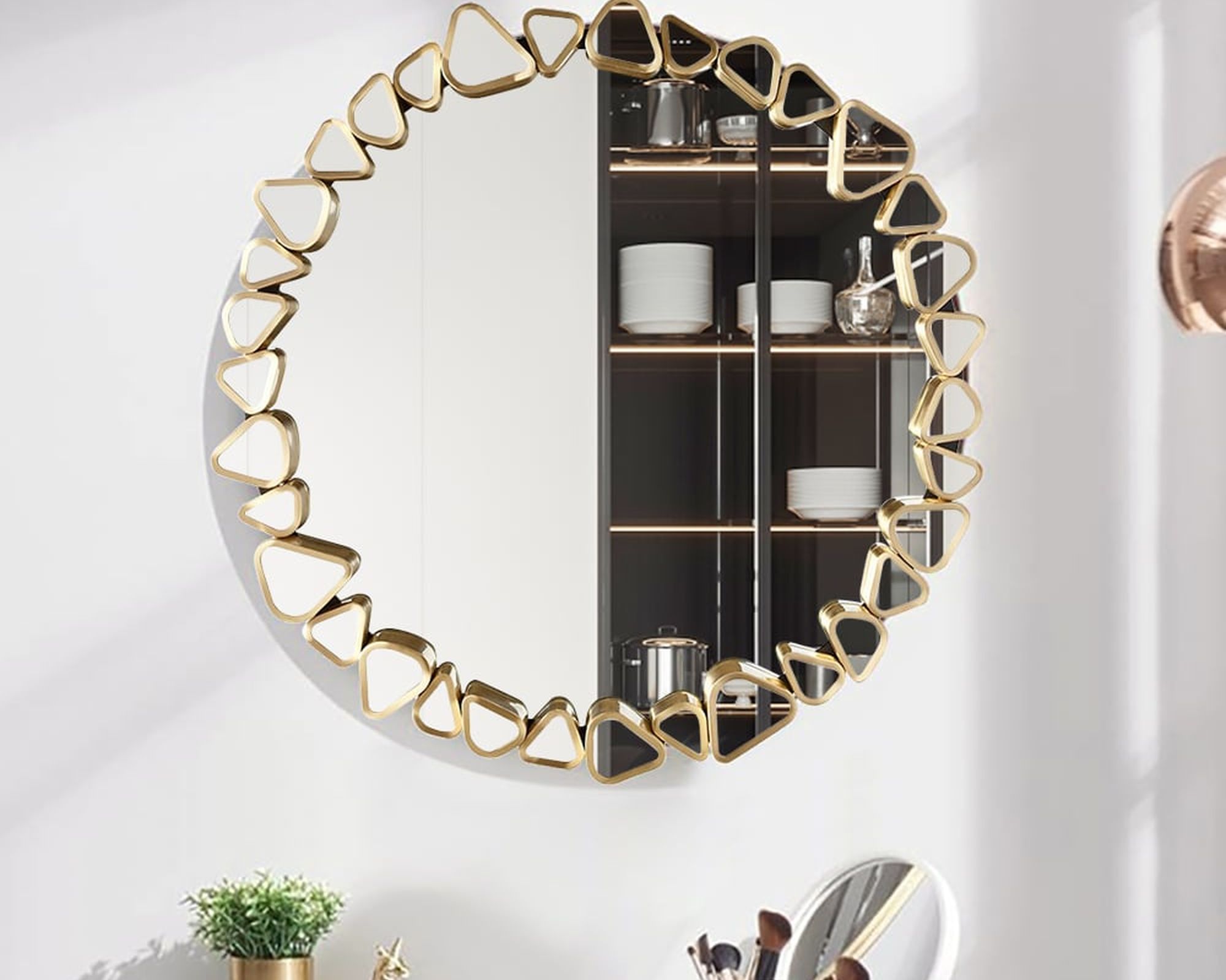 HMR - Modern Large Gold Irregular Pebble Wall Mirror Decor with Geometric Frame Living Room