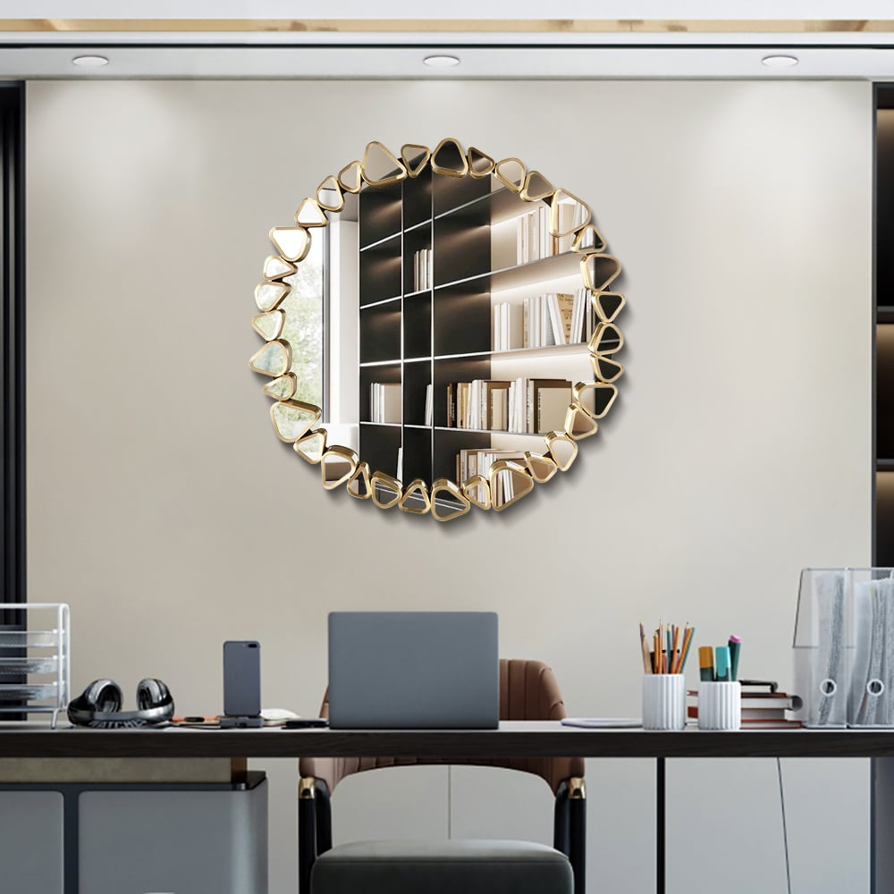 HMR - Modern Large Gold Irregular Pebble Wall Mirror Decor with Geometric Frame Living Room
