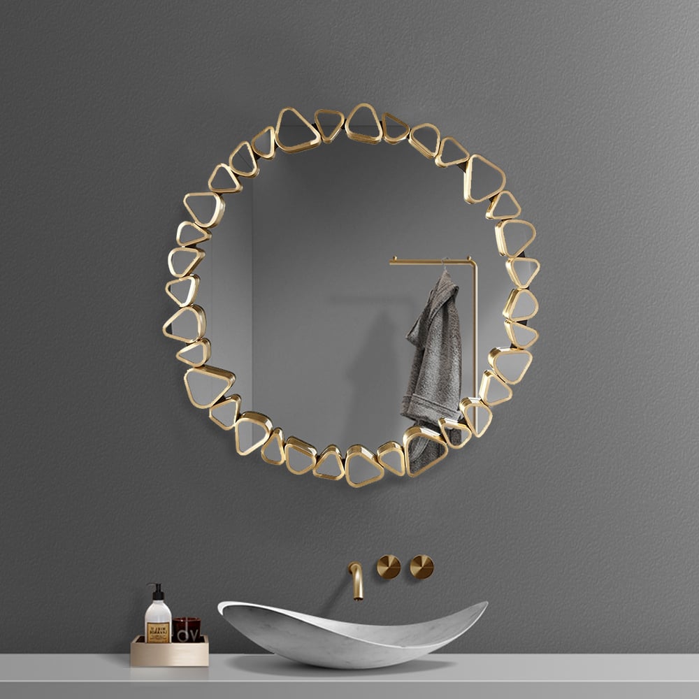 HMR - Modern Large Gold Irregular Pebble Wall Mirror Decor with Geometric Frame Living Room