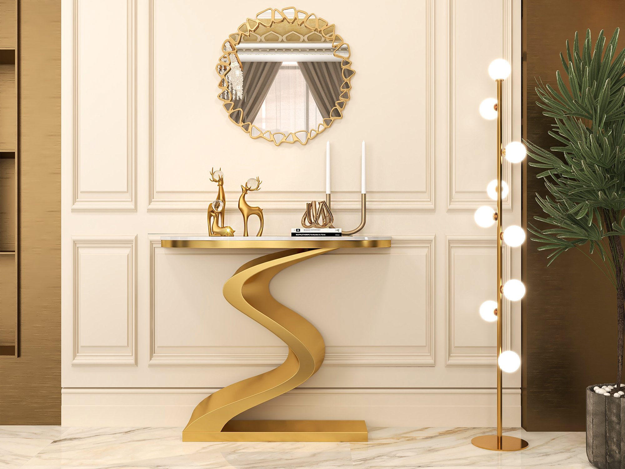 HMR - Modern Large Gold Irregular Pebble Wall Mirror Decor with Geometric Frame Living Room