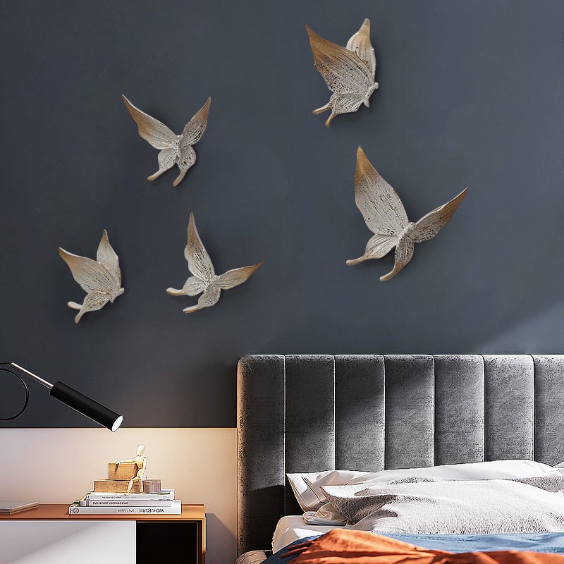 HMR - 5-Pieces Farmhouse 3D White & Gold Resin Butterfly Wall Decor Set Living Room Bedroom