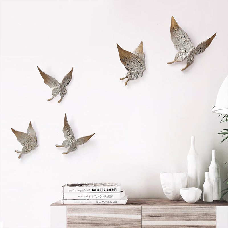 HMR - 5-Pieces Farmhouse 3D White & Gold Resin Butterfly Wall Decor Set Living Room Bedroom