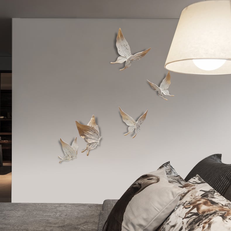 HMR - 5-Pieces Farmhouse 3D White & Gold Resin Butterfly Wall Decor Set Living Room Bedroom