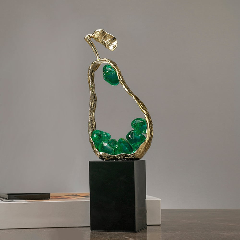 HMR - 11" Green Metal & Resin Abstract Geometric Pear Fruit Sculpture Ornament Desk Decor Art