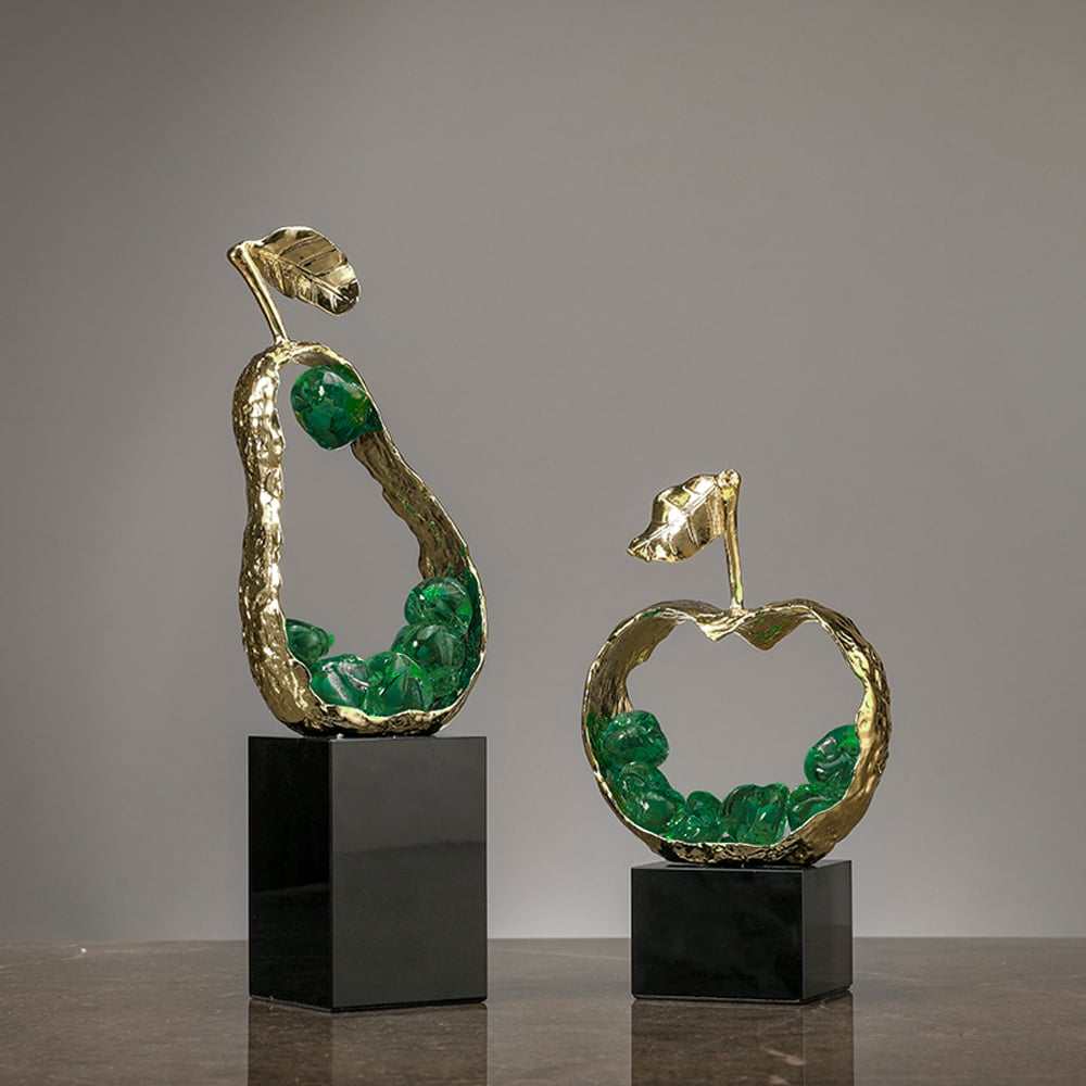 HMR - 11" Green Metal & Resin Abstract Geometric Pear Fruit Sculpture Ornament Desk Decor Art