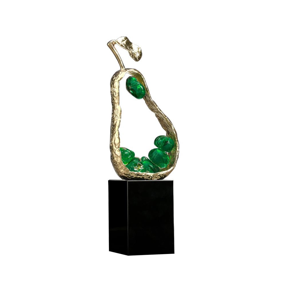 HMR - 11" Green Metal & Resin Abstract Geometric Pear Fruit Sculpture Ornament Desk Decor Art
