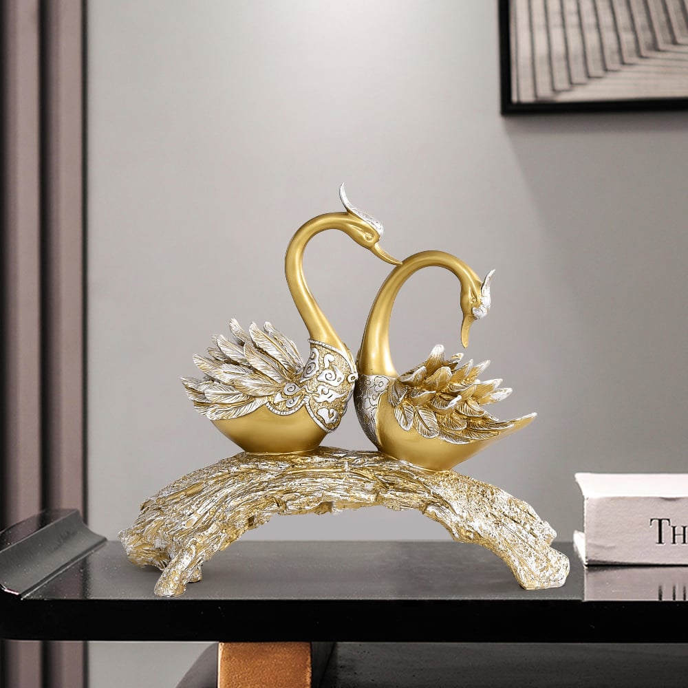 HMR 14.2" Simulation Couple Swan Sculpture Art Ornament Table Statue Decor - Gold