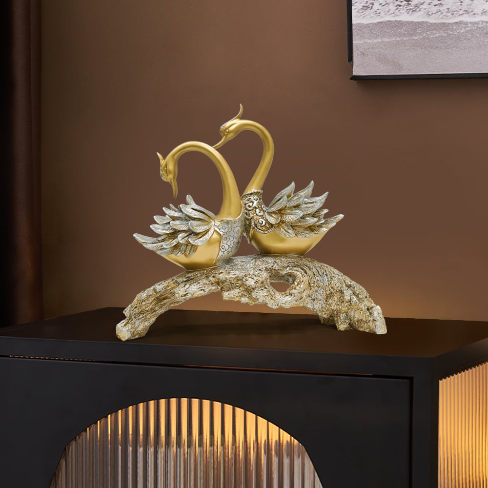 HMR 14.2" Simulation Couple Swan Sculpture Art Ornament Table Statue Decor - Gold