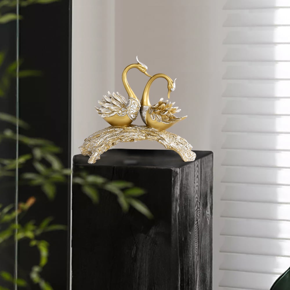 HMR 14.2" Simulation Couple Swan Sculpture Art Ornament Table Statue Decor - Gold