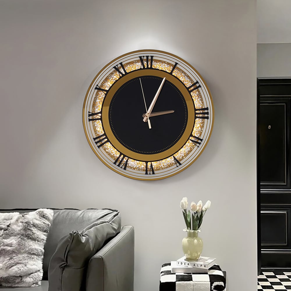 HMR - 13.8" Golden LED Diamond Roman Numerals Silent Round Wall Clock