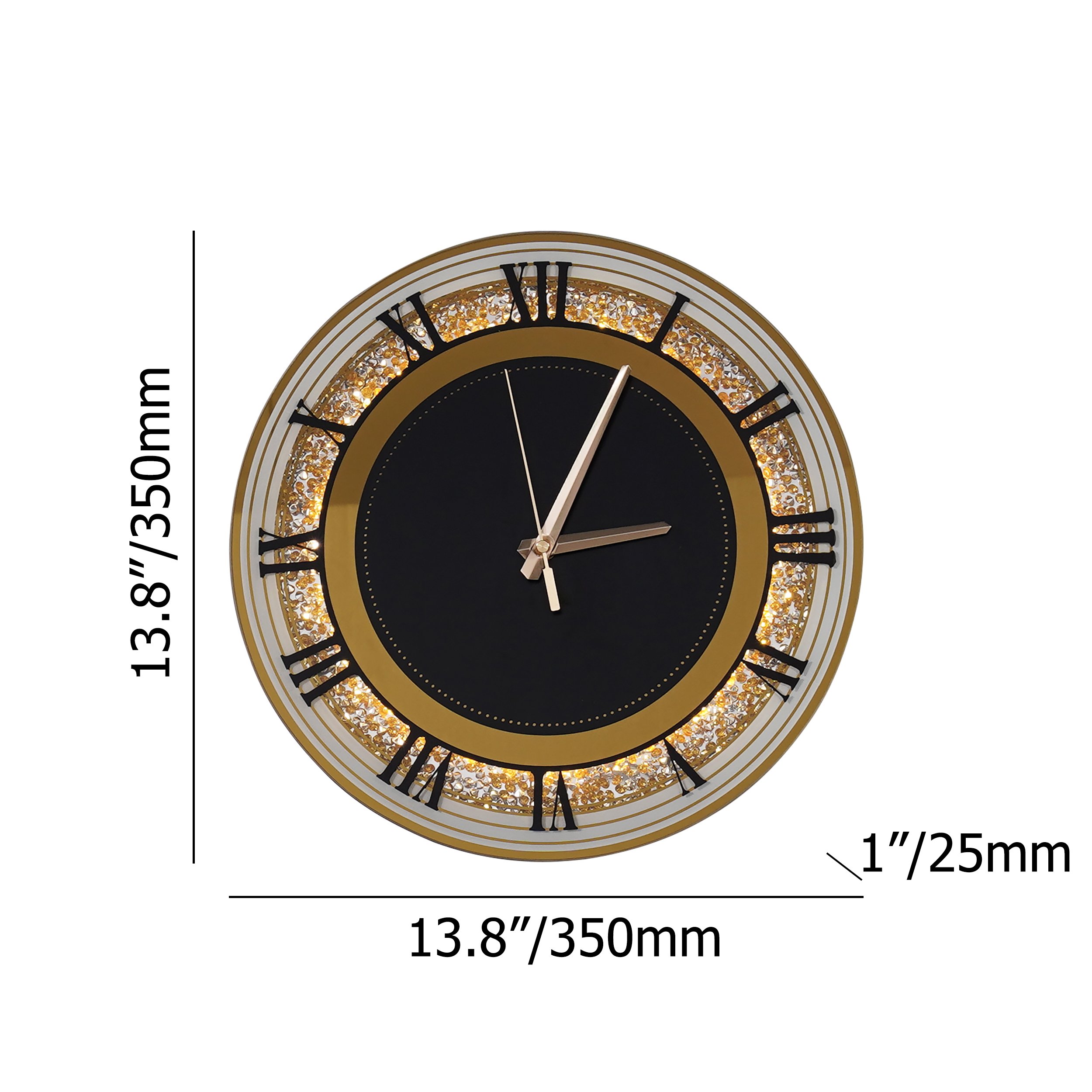 HMR - 13.8" Golden LED Diamond Roman Numerals Silent Round Wall Clock
