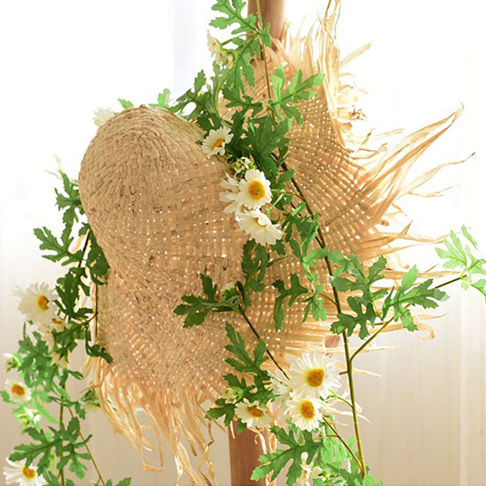 HMR - Boho Hanging Artificial Vines Fake Silk Flower Garlands with The Handmade Straw Hat