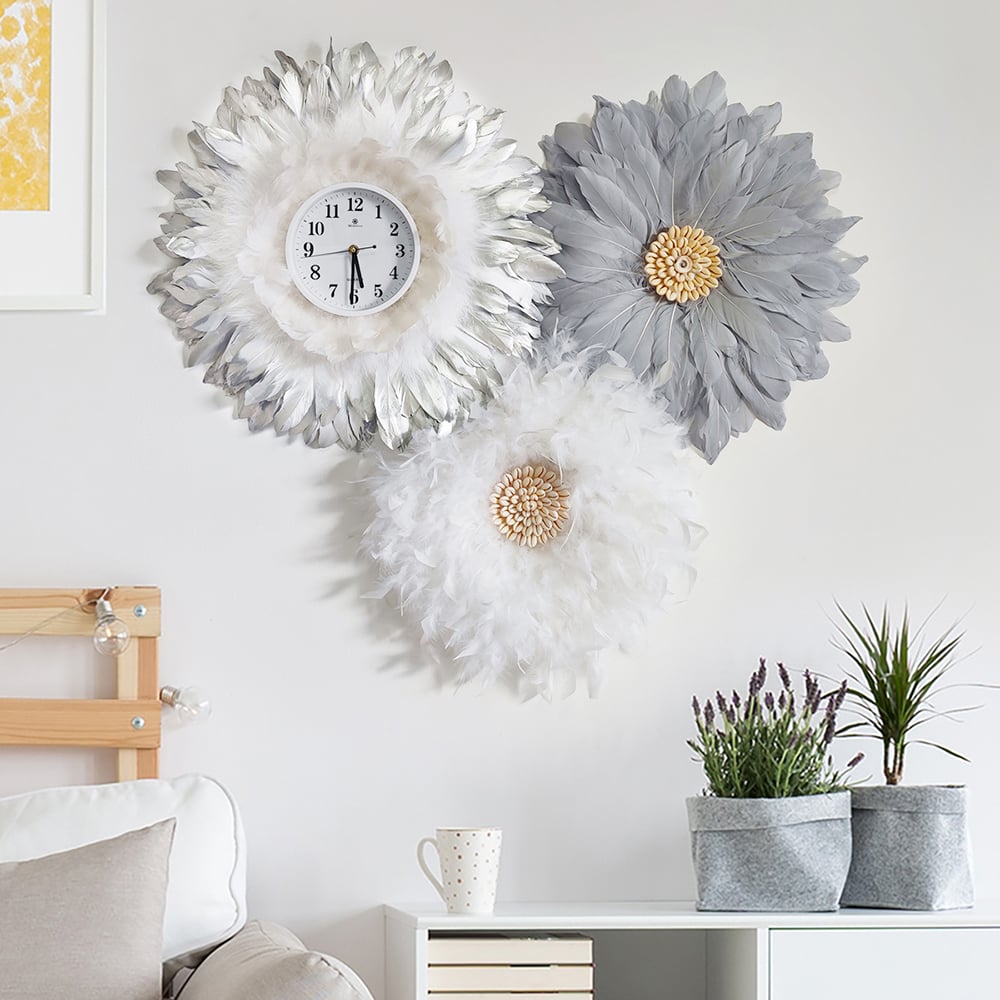 HMR - 3-Piece Boho Macrame Feather Wall Clock Round Wall Flower Set White & Gray