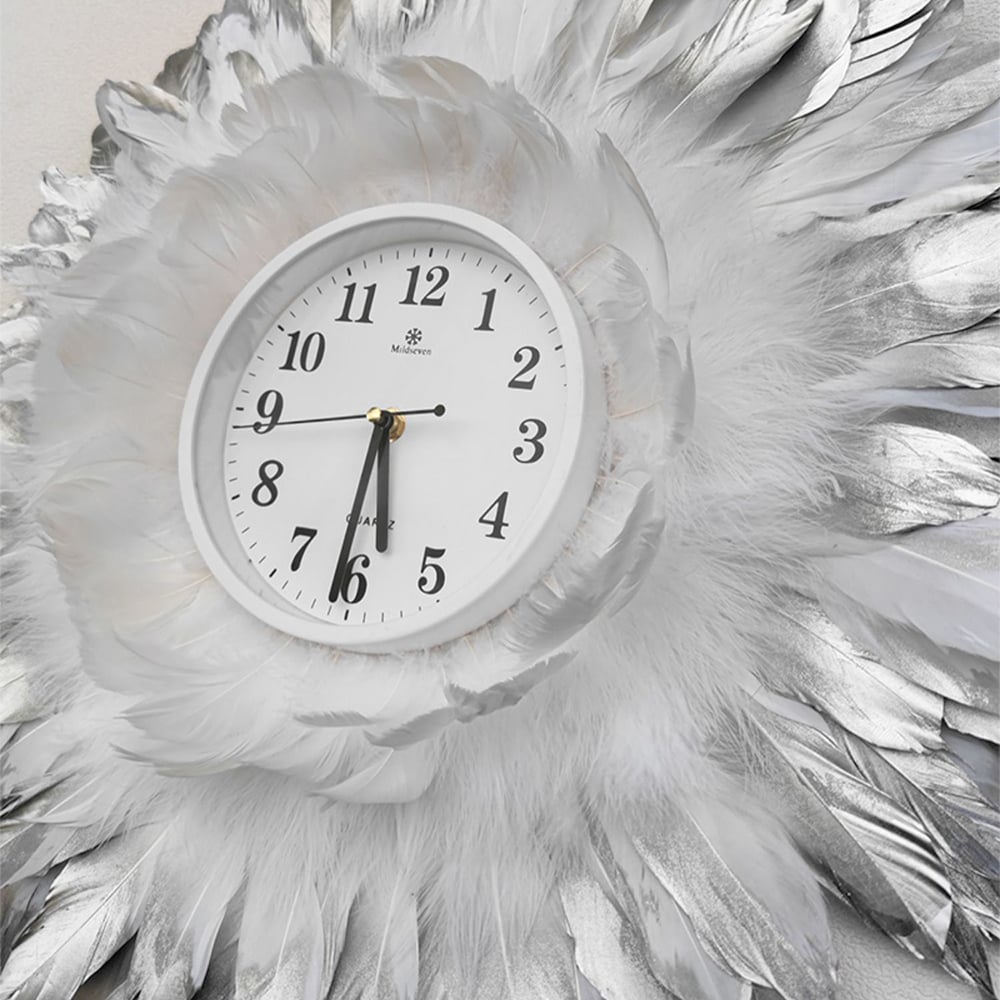 HMR - 3-Piece Boho Macrame Feather Wall Clock Round Wall Flower Set White & Gray