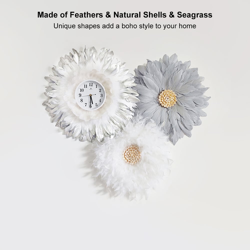 HMR - 3-Piece Boho Macrame Feather Wall Clock Round Wall Flower Set White & Gray