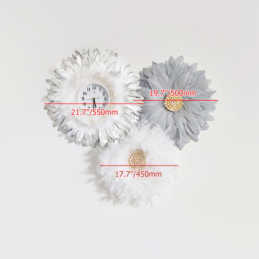 HMR - 3-Piece Boho Macrame Feather Wall Clock Round Wall Flower Set White & Gray