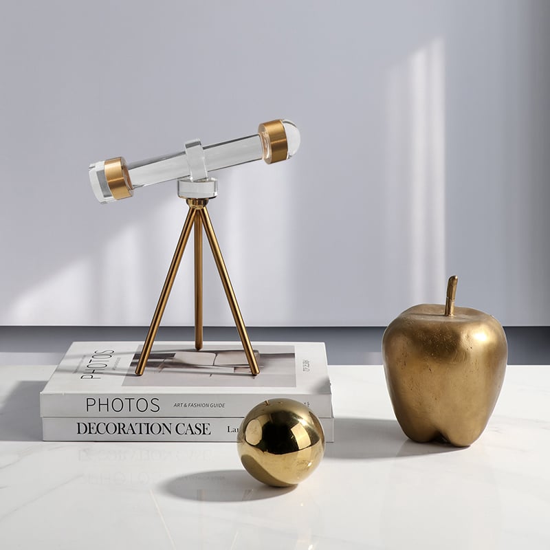 HMR - Modern Crystal Telescope Sculpture Ornament Art Decor with Gold Metal Tripod Stand