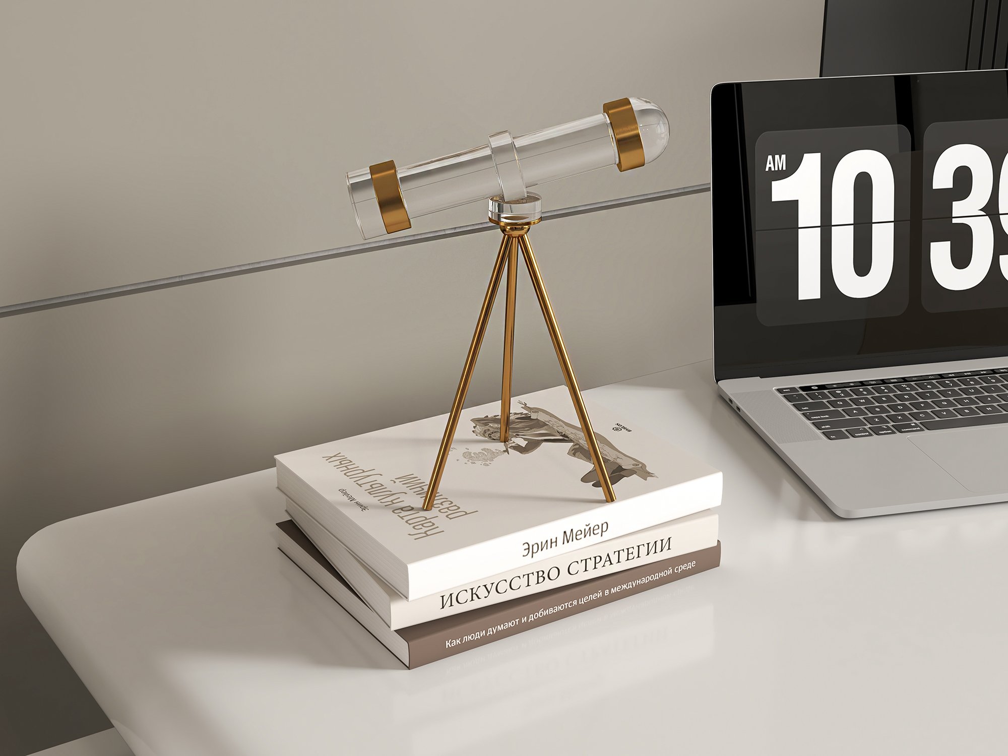 HMR - Modern Crystal Telescope Sculpture Ornament Art Decor with Gold Metal Tripod Stand