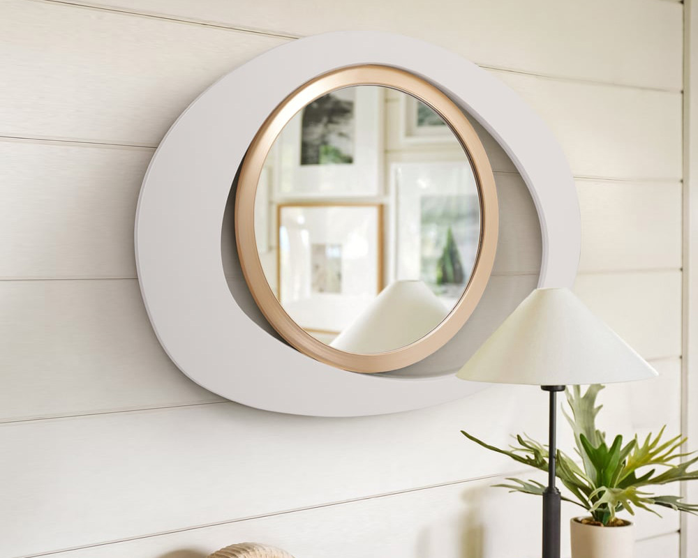 HMR Modern White & Gold Abstract Geometry Wall Mirror Decor Living Room Bedroom - White & Gold, 26" x 35"
