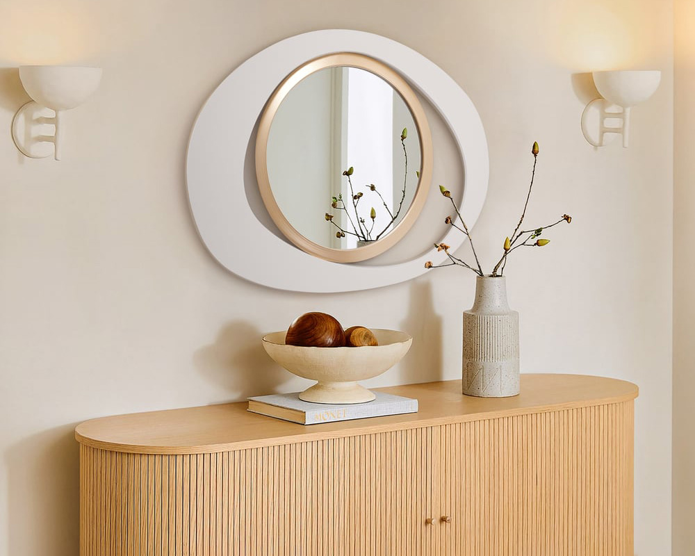 HMR Modern White & Gold Abstract Geometry Wall Mirror Decor Living Room Bedroom - White & Gold, 26" x 35"