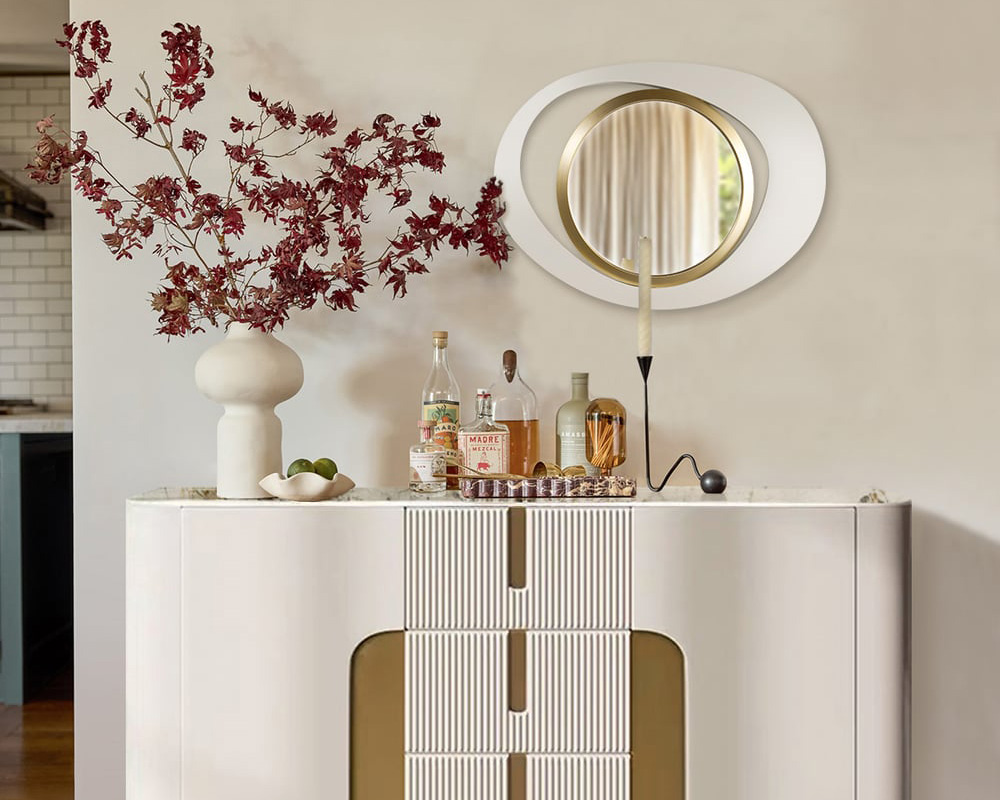 HMR Modern White & Gold Abstract Geometry Wall Mirror Decor Living Room Bedroom - White & Gold, 26" x 35"