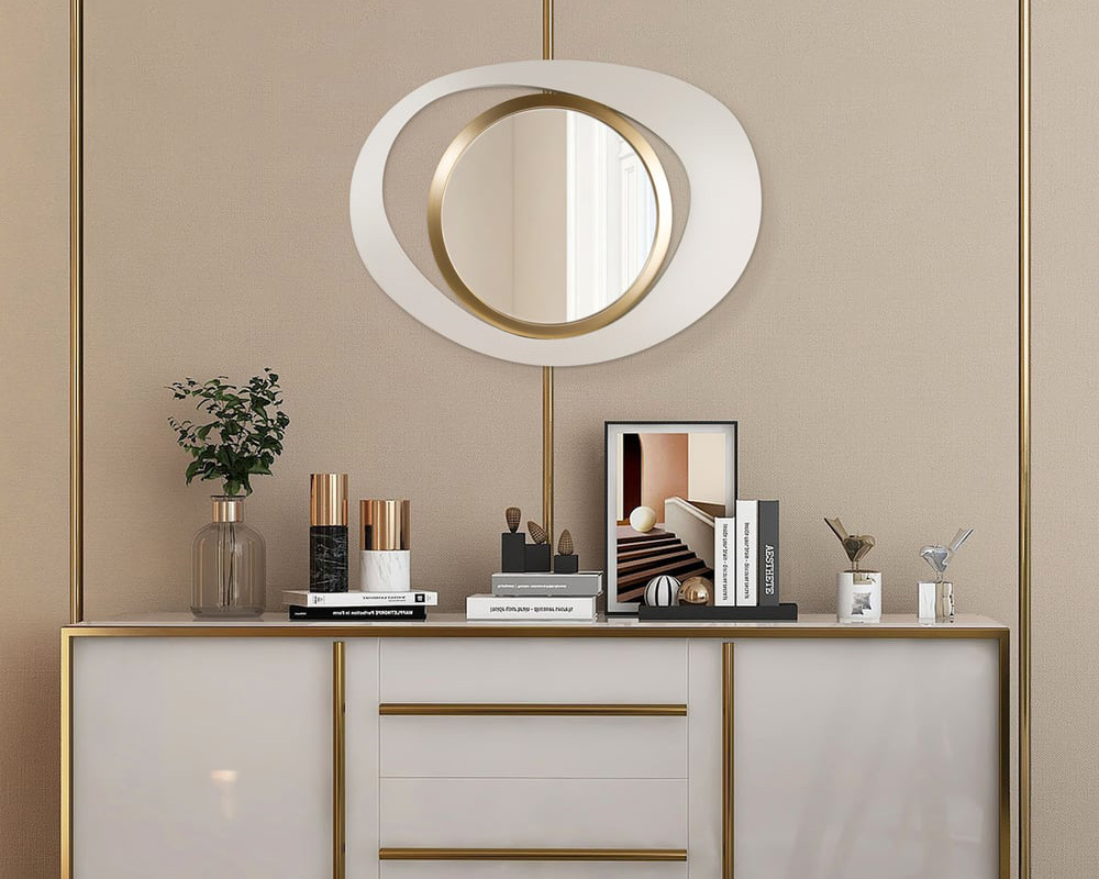 HMR Modern White & Gold Abstract Geometry Wall Mirror Decor Living Room Bedroom - White & Gold, 26" x 35"