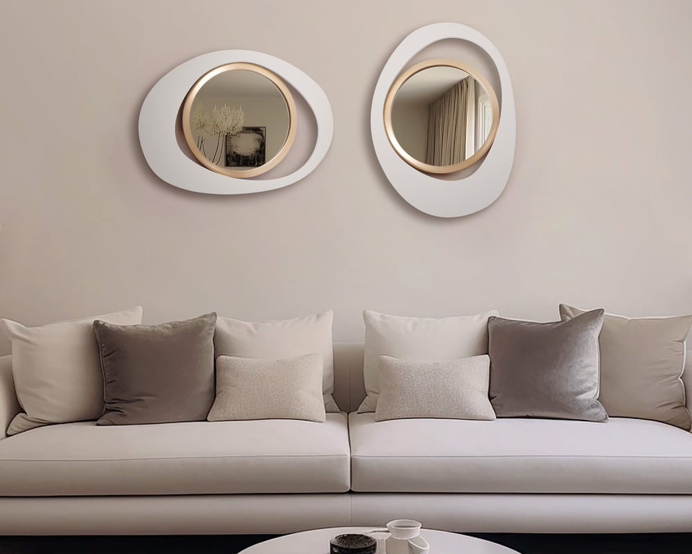 HMR Modern White & Gold Abstract Geometry Wall Mirror Decor Living Room Bedroom - White & Gold, 26" x 35"