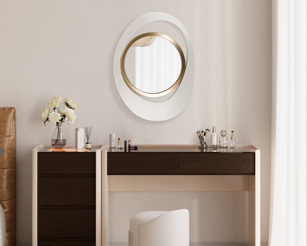 HMR Modern White & Gold Abstract Geometry Wall Mirror Decor Living Room Bedroom - White & Gold, 26" x 35"