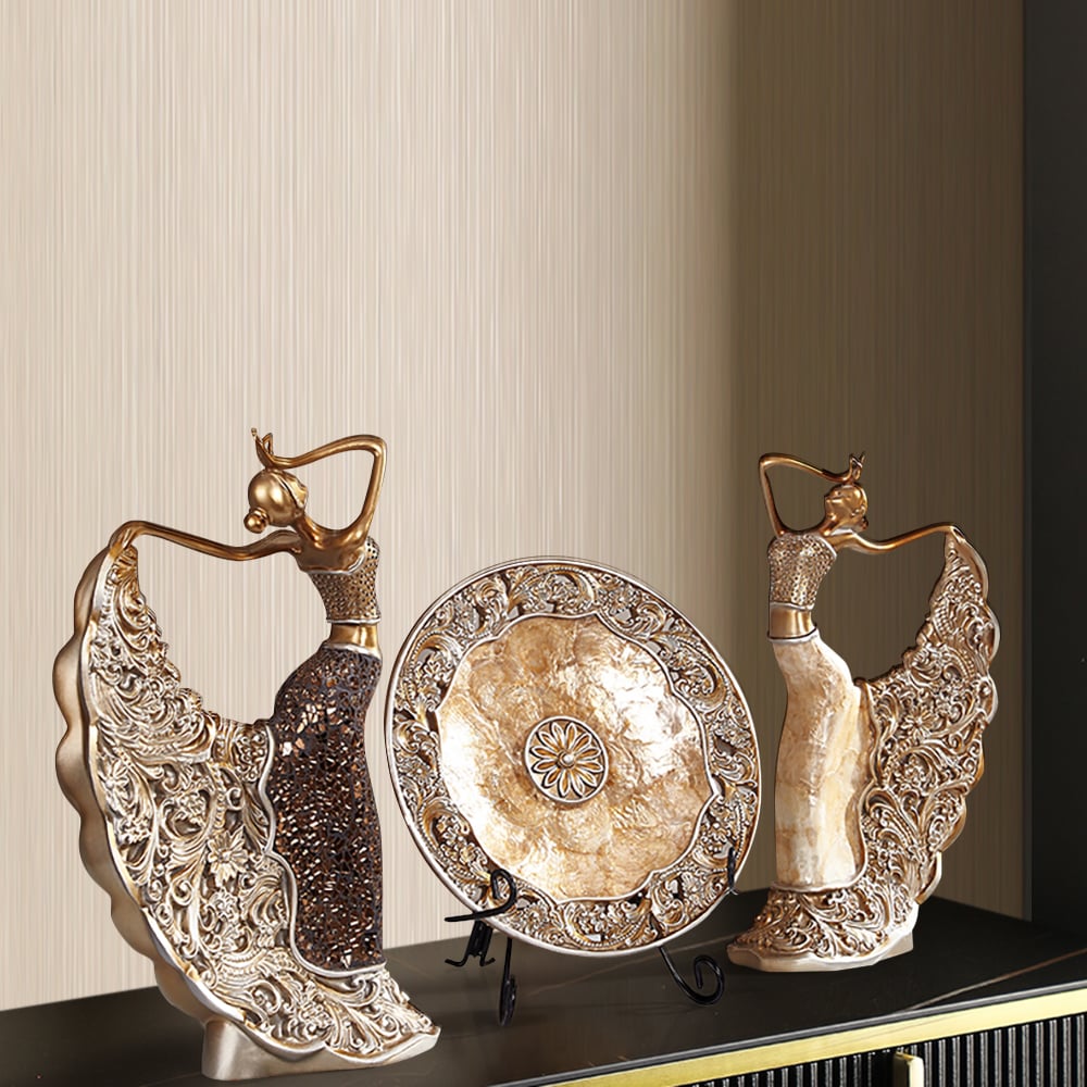 HMR - 3PCS Vintage Gold Figure Statue Sculpture Set Romantic Shell Dancer Desktop Decor