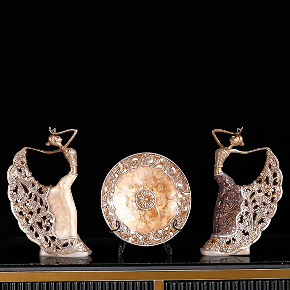 HMR - 3PCS Vintage Gold Figure Statue Sculpture Set Romantic Shell Dancer Desktop Decor